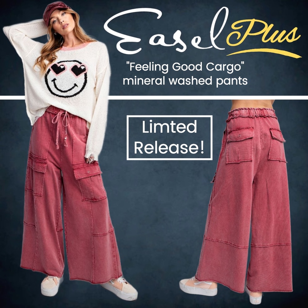 EASEL “Feeling Good Cargos” Mineral Washed Flared Leg, Raw Seams & Hems, Pockets